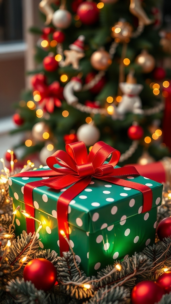 A festive Christmas gift box with red ribbon and decorations, set against a backdrop of a Christmas tree.